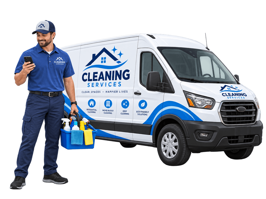 Cleaning professional with supplies beside a service van