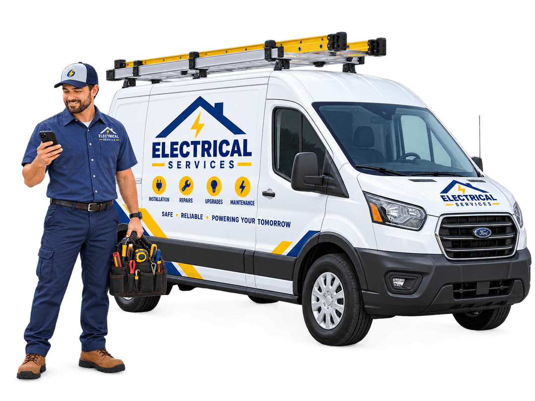 Electrician with tools beside an electrical service van