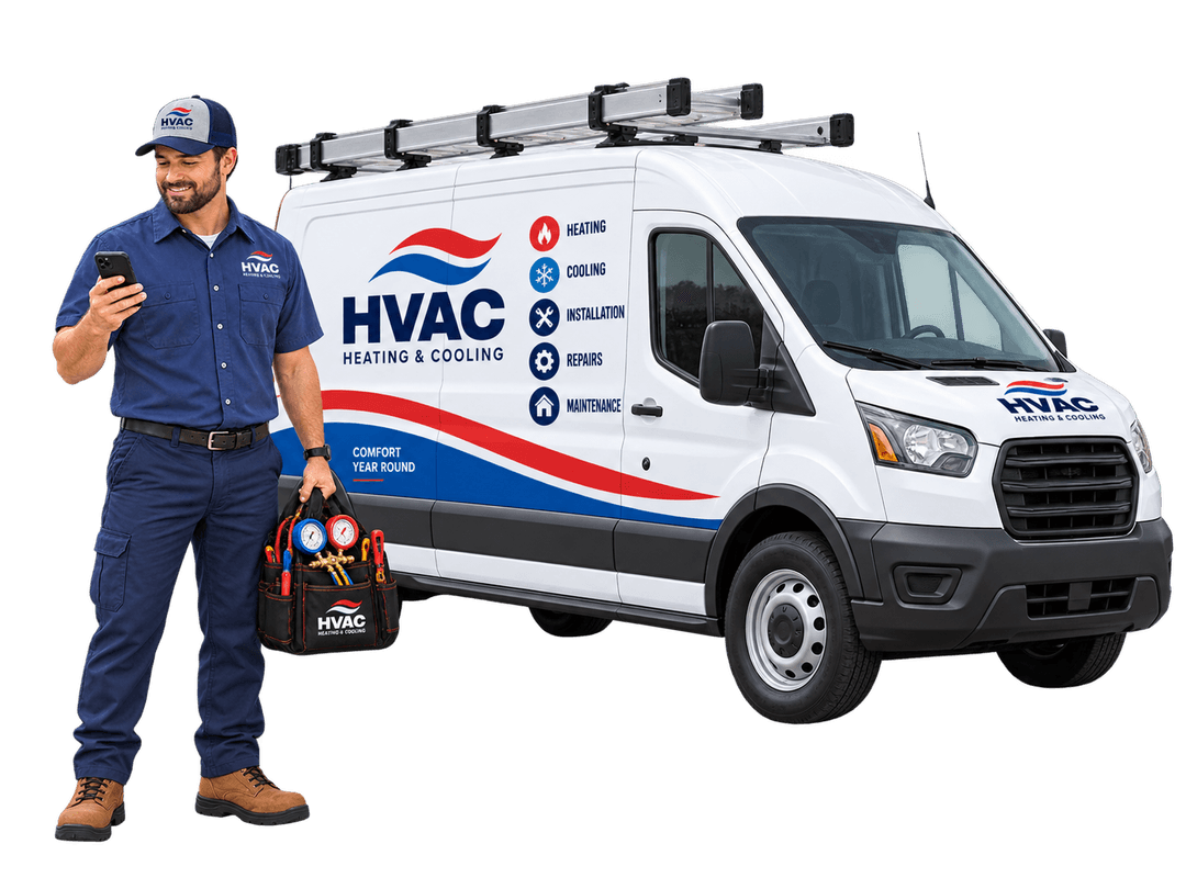HVAC professional beside a service van