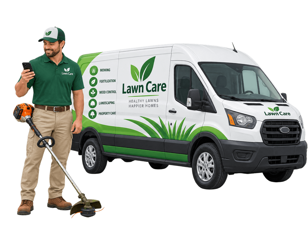 Lawn care professional beside a service van