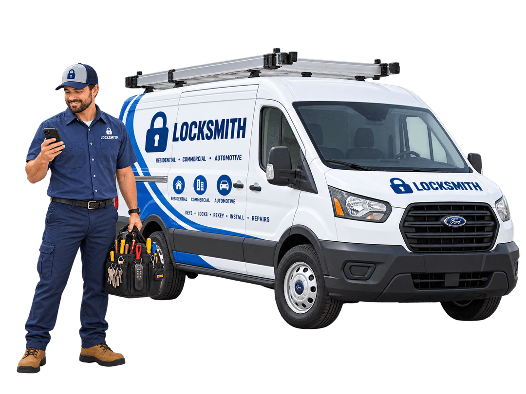 Locksmith beside a service van