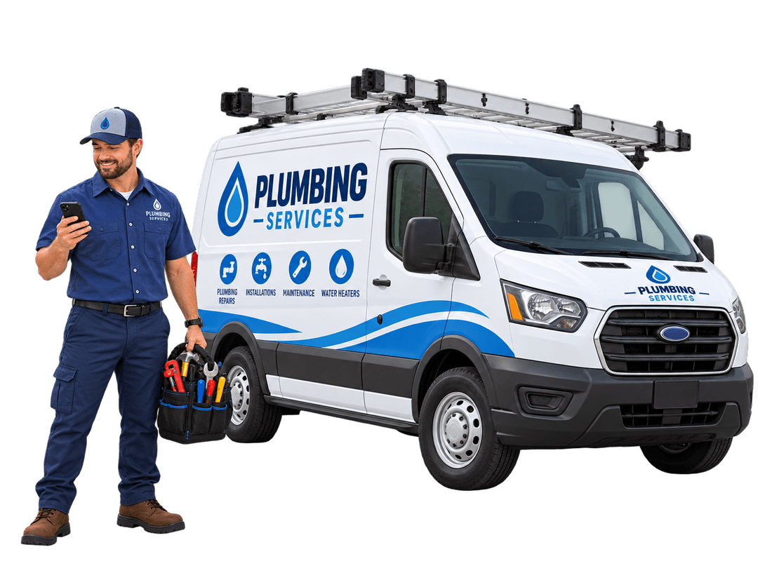 Plumbing professional beside a service van