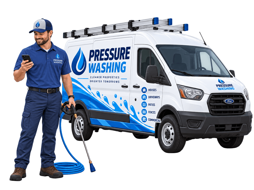 Pressure washing professional with equipment beside a service van