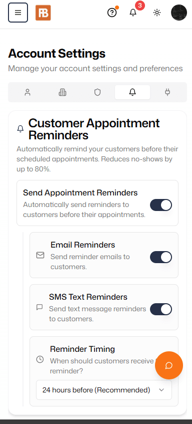 Fieldbookly notification settings with appointment reminder channels and timing