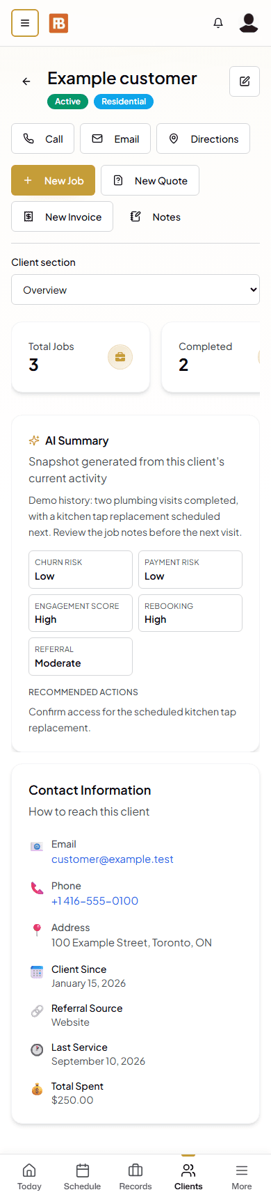 Current Fieldbookly customer record showing example contact details, job totals, notes access, and an illustrative AI summary