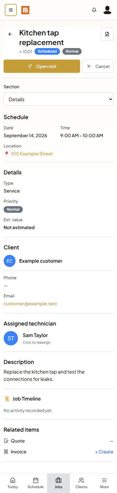 Fieldbookly kitchen tap replacement job with schedule, customer details, and assigned technician Sam Taylor