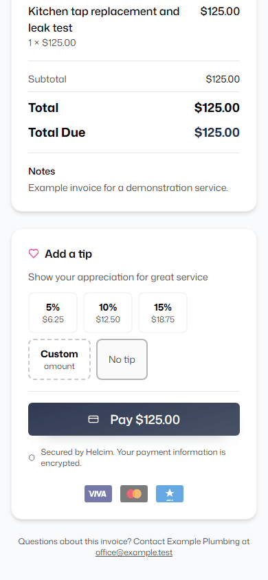 Fieldbookly invoice payment page with example line items, total due, tip options, and Helcim payment button