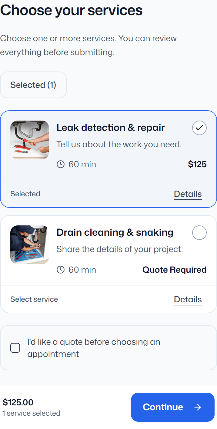 Fieldbookly customer booking page with example plumbing services