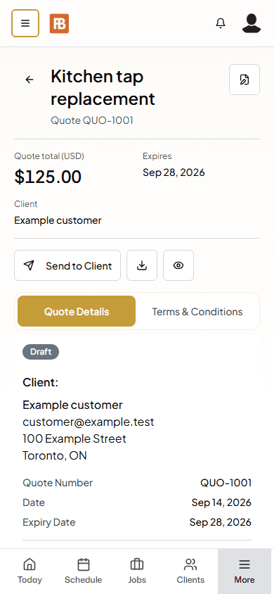 Fieldbookly customer-facing quote for an example plumbing service