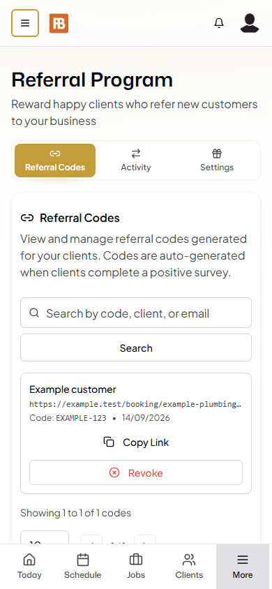 Fieldbookly referral program with an example customer referral link