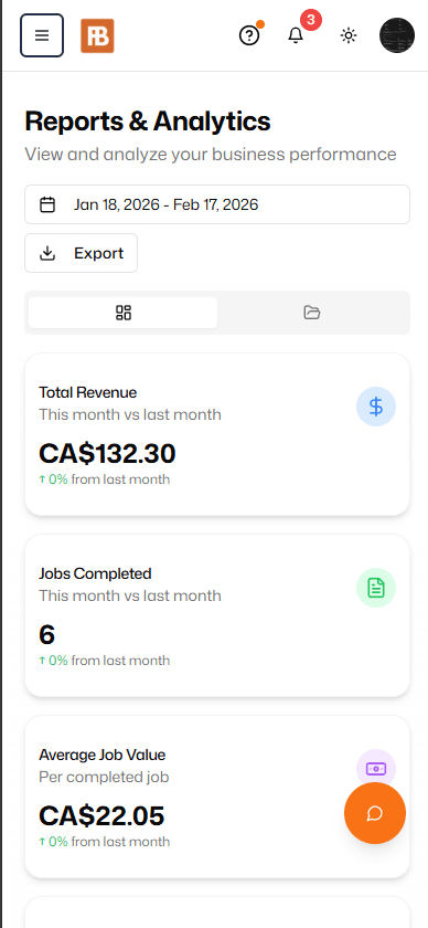 Fieldbookly reports workspace showing business activity and reporting controls