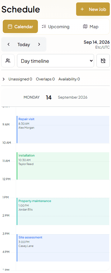 Fieldbookly schedule with example plumbing appointments in a desktop week calendar and mobile daily agenda