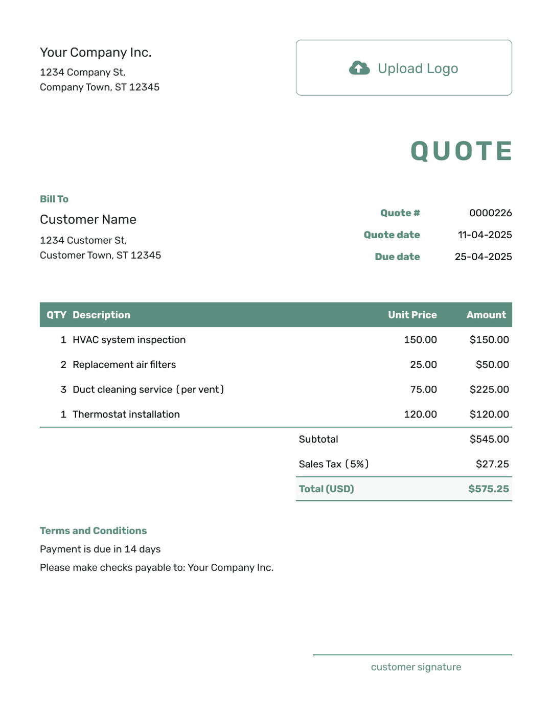 Quote template example showing line items, totals, and signature