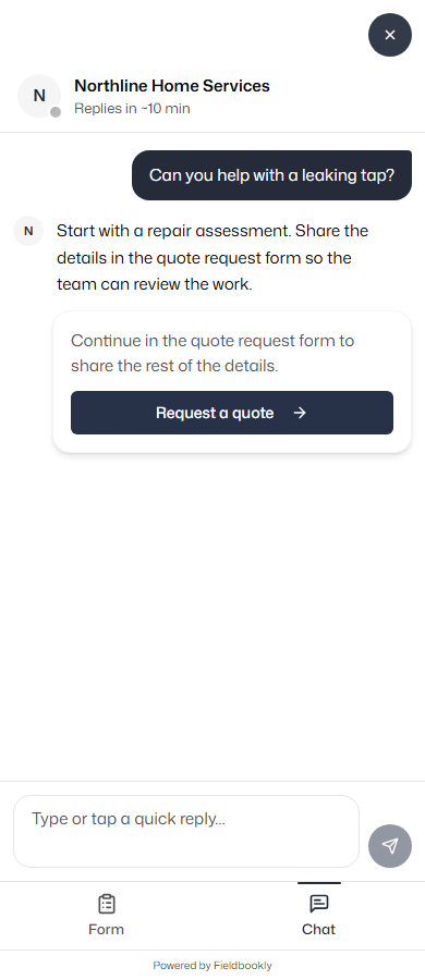 Fieldbookly AI chat on an example home service website, offering a repair assessment quote request