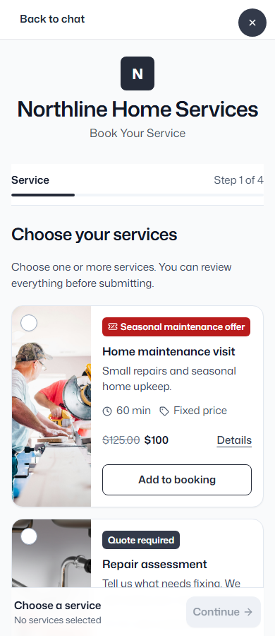 Fieldbookly booking form with photographed home services, seasonal maintenance and first-clean offers, and a quote-only repair assessment