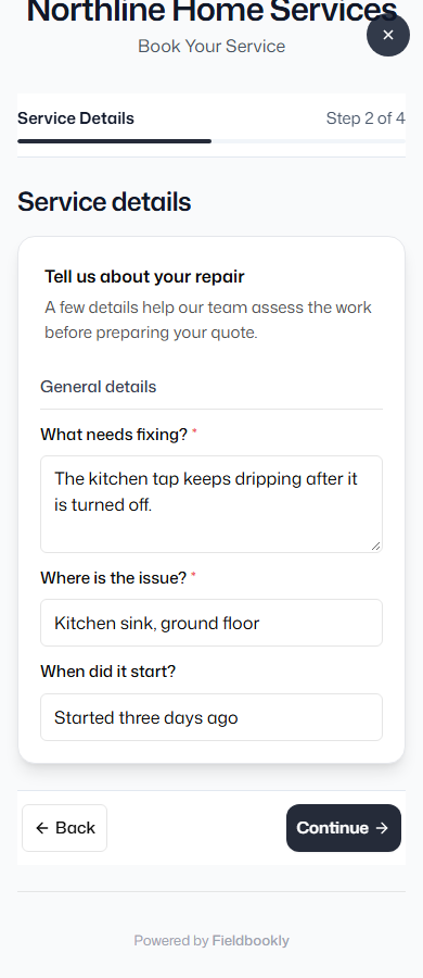 Fieldbookly quote questions with example answers describing a leaking kitchen tap, its location, and when the problem started