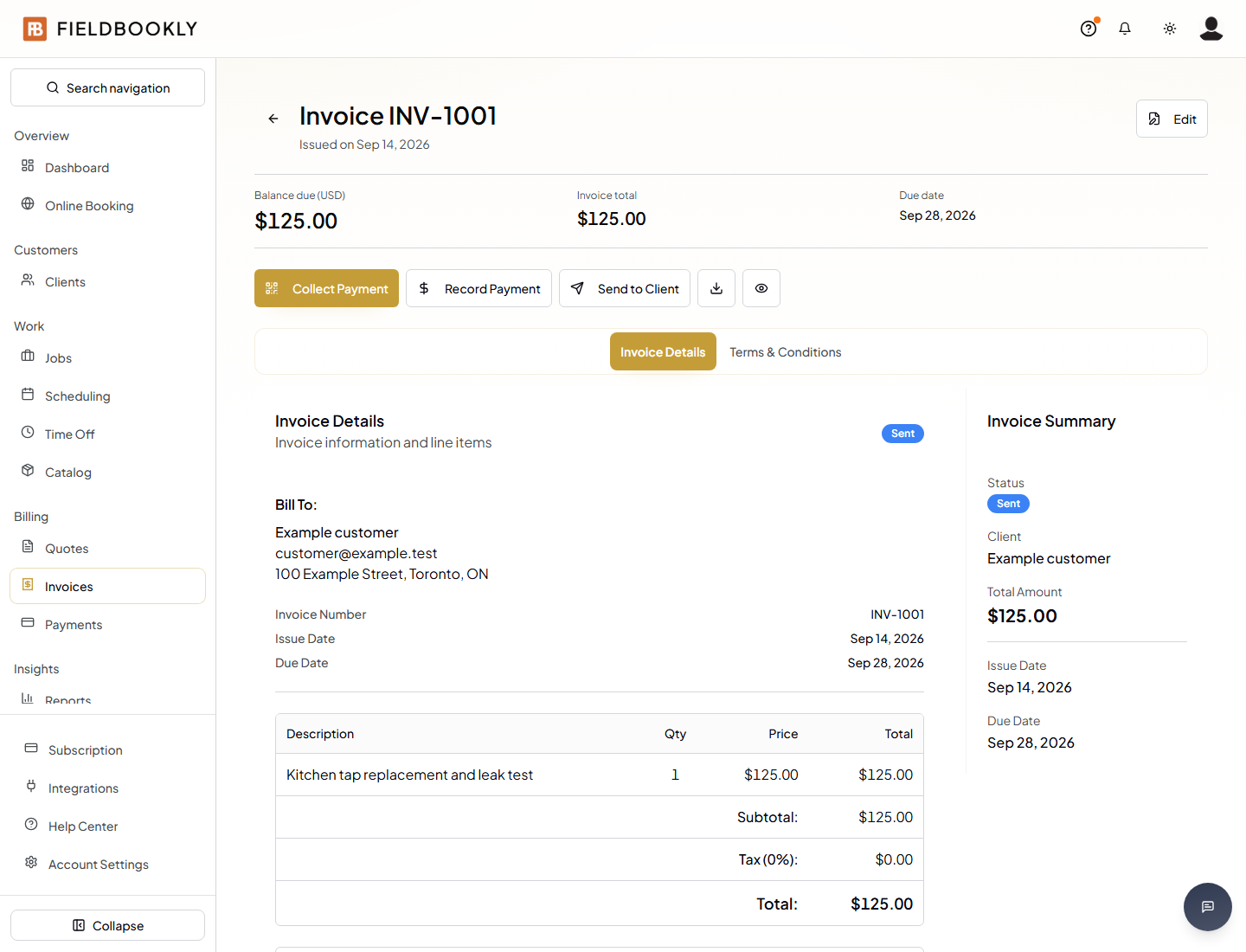 Fieldbookly invoice interface showing example service data